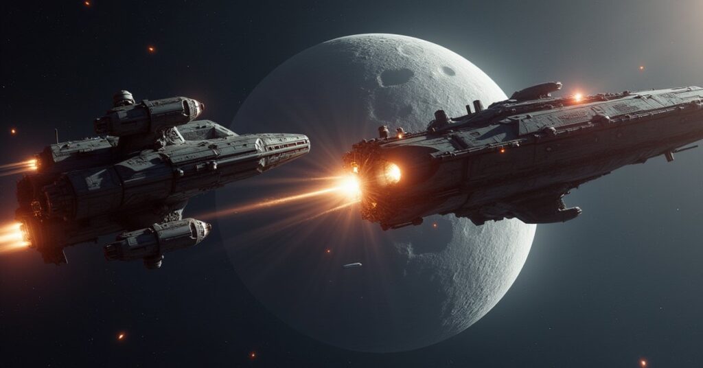 A starship dueling a hostile flagship over a cratered moon in Star Trek Fleet Command