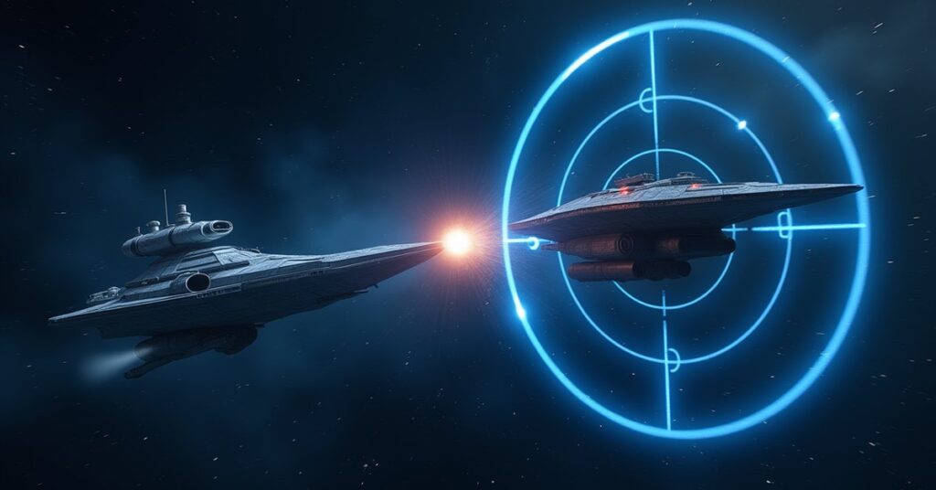 A starship firing on a hostile ship in a training zone in Star Trek Fleet Command