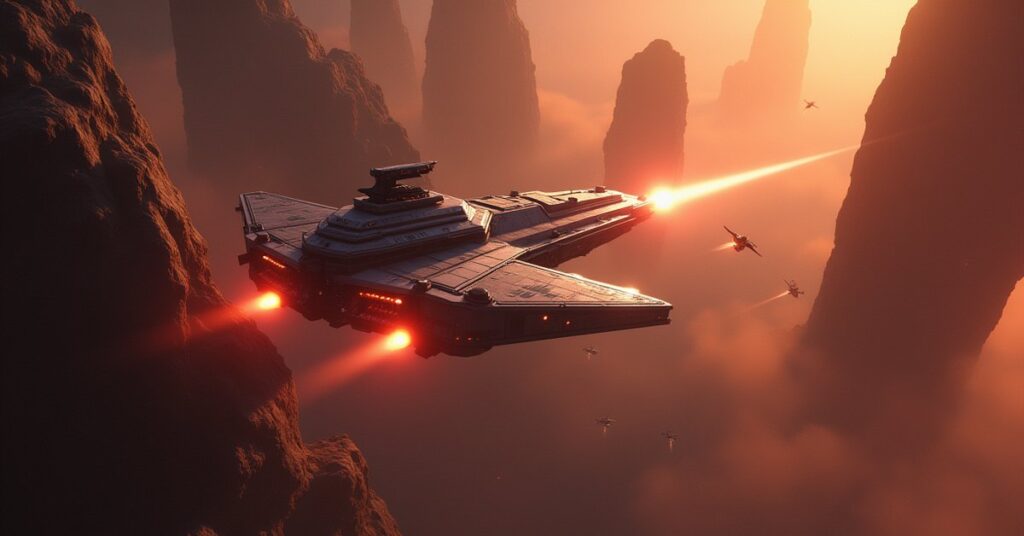 A small starship fighting pirate raiders near an asteroid field in Star Trek Fleet Command