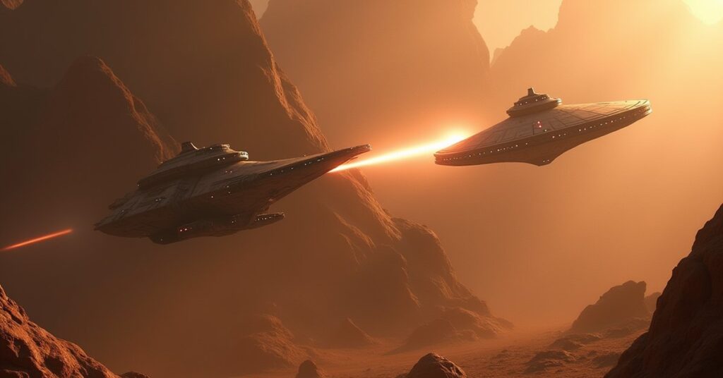 A starship dueling a hostile ship in an asteroid belt in Star Trek Fleet Command