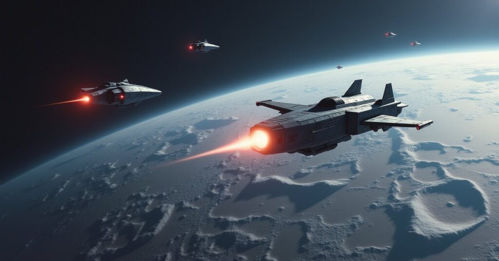 A small starship dueling a hostile fighter over a cratered moon in Star Trek Fleet Command