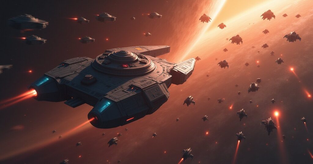 A starship fighting through a wave of hostile ships near a ringed planet in Star Trek Fleet Command