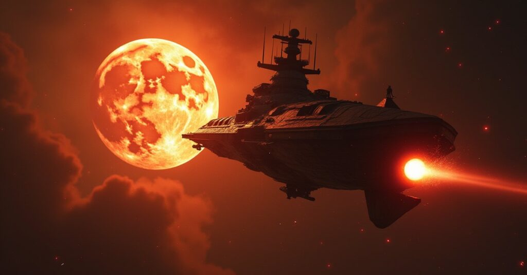 A warship dueling a lone hostile ship beside a burning moon in Star Trek Fleet Command