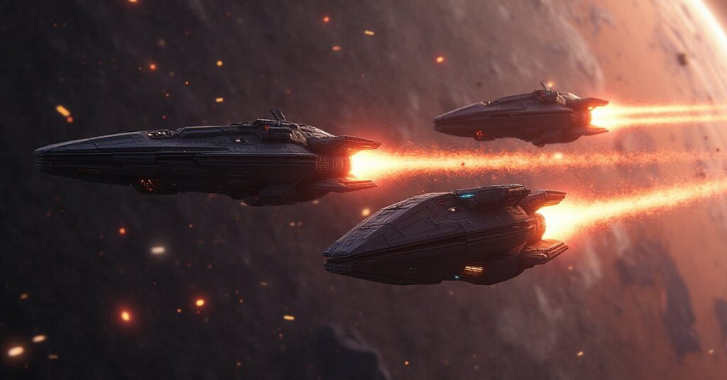 A starship fighting two hostile raiders near an asteroid field in Star Trek Fleet Command