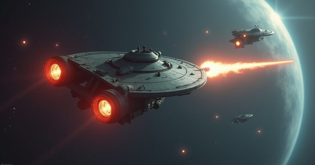 A starter starship firing at a small pirate raider near a home planet in Star Trek Fleet Command