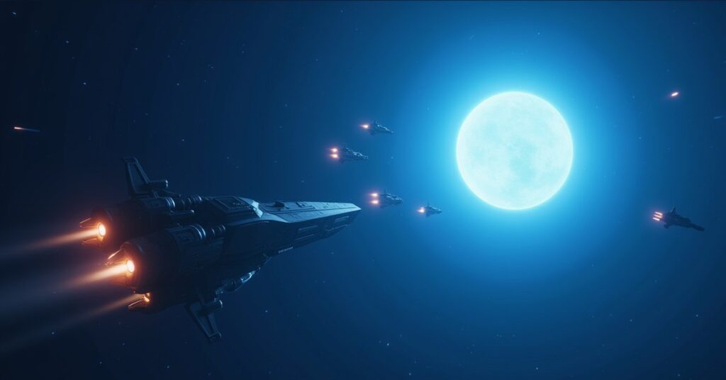 A small starter ship fighting weak pirate ships near a blue star in Star Trek Fleet Command