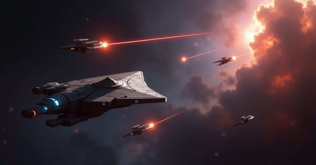 A starship fighting several hostile raiders inside a nebula in Star Trek Fleet Command