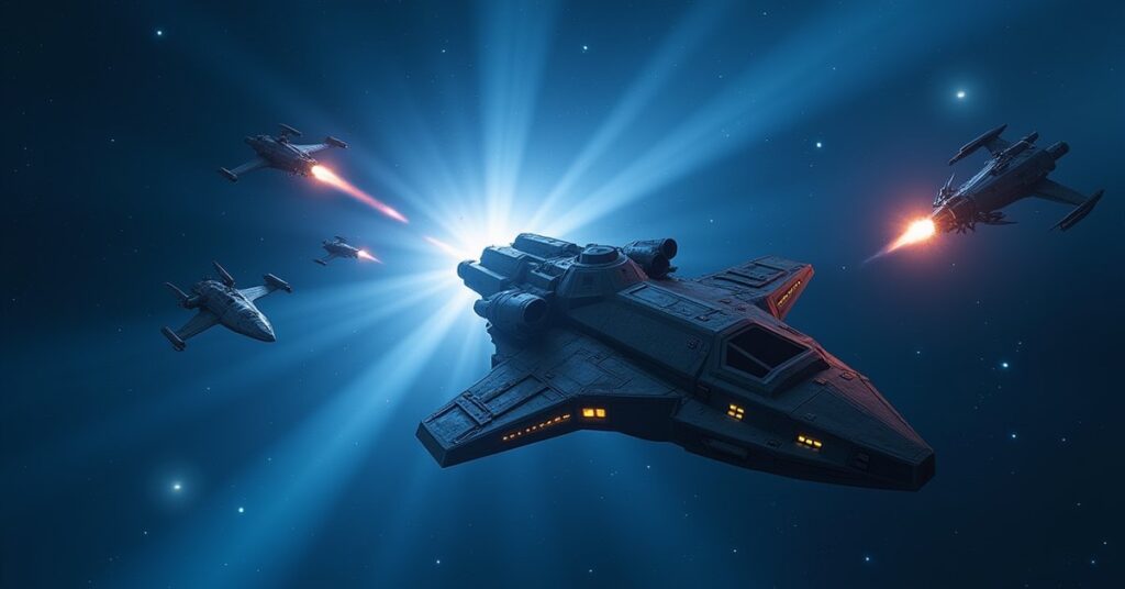 A starship fighting three hostile raiders in a blue nebula in Star Trek Fleet Command