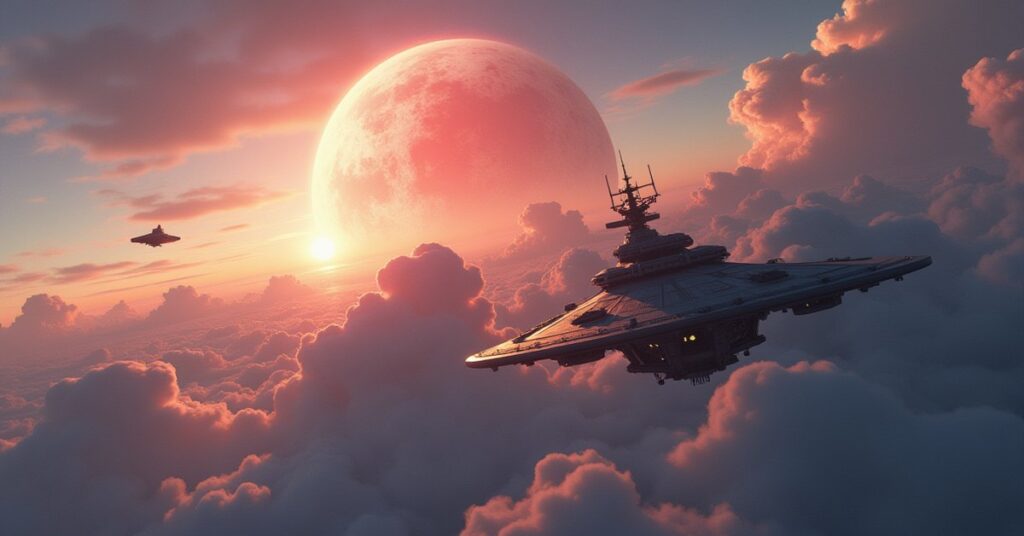 A starship dueling a hostile warship above a cloudy gas giant in Star Trek Fleet Command