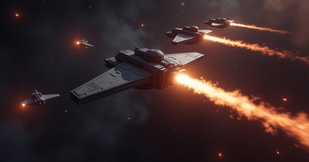 A starship fighting three hostile ships in a combat training scenario in Star Trek Fleet Command
