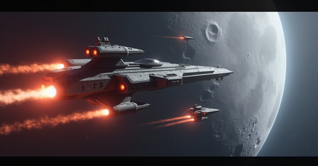 A starship dueling a hostile captain's ship over a cratered moon in Star Trek Fleet Command