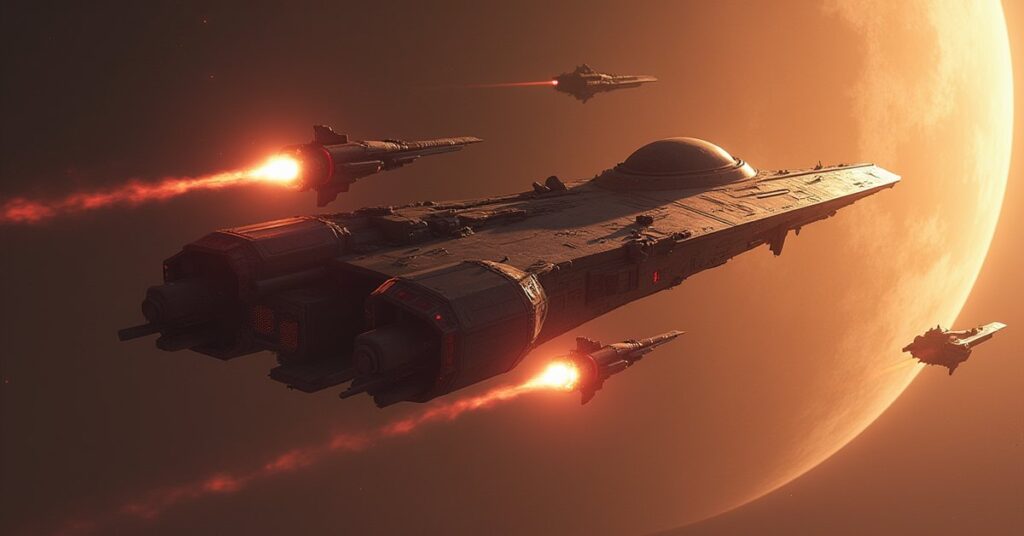 A starship fighting three hostile raiders near a dusty moon in Star Trek Fleet Command