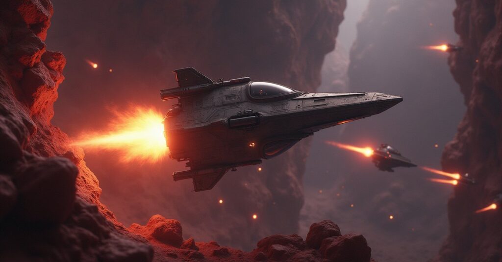 A starship fighting hostile raiders in an asteroid field in Star Trek Fleet Command