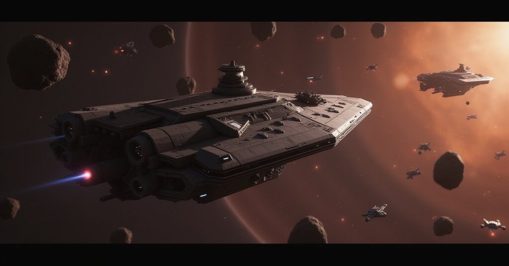 A Federation cruiser firing on scattering hostile ships among asteroids in Star Trek Fleet Command