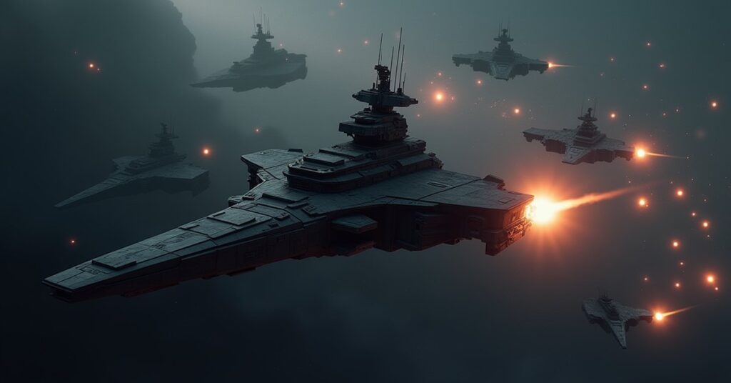 A starship firing on hostile ships in a training range marked by glowing buoys in Star Trek Fleet Command