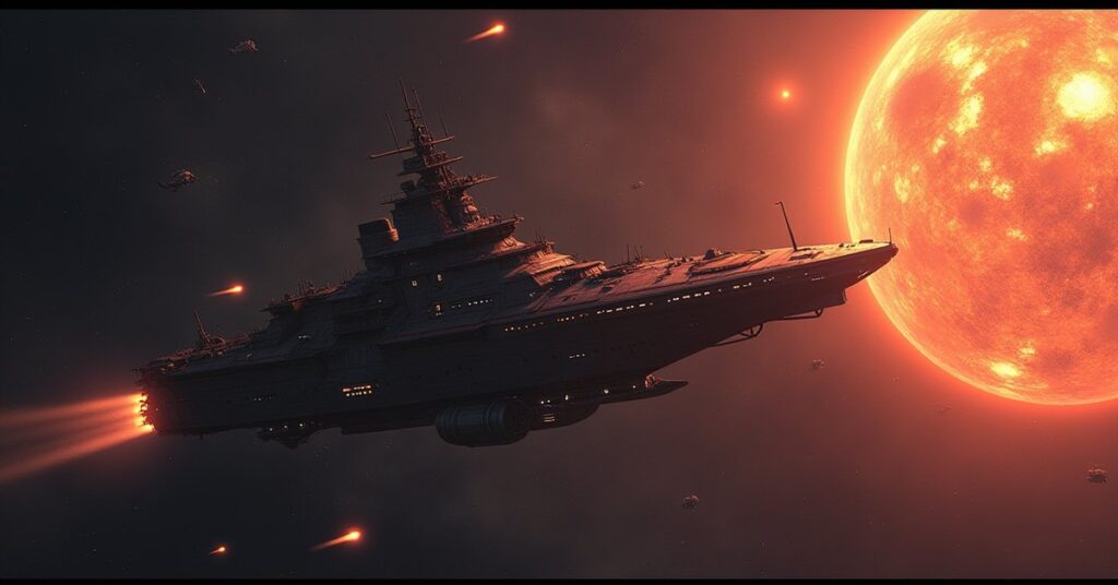 A cruiser dueling a hostile captain's ship near a gas giant in Star Trek Fleet Command