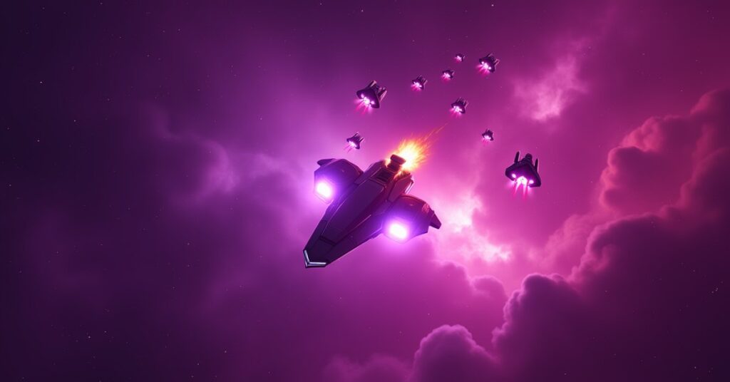 A starship fighting a wave of hostile ships in a violet nebula in Star Trek Fleet Command