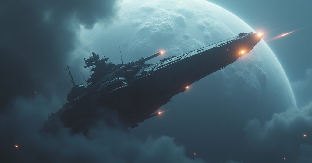 A battlecruiser dueling a hostile captain's warship above a stormy gas giant in Star Trek Fleet Command