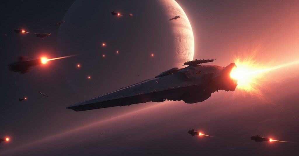 A heavy starship fighting a wave of hostile raiders near a ringed planet in Star Trek Fleet Command