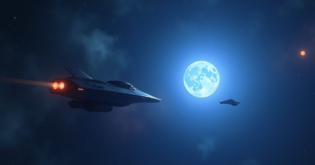 A starter starship firing on a small hostile ship near a blue star in Star Trek Fleet Command