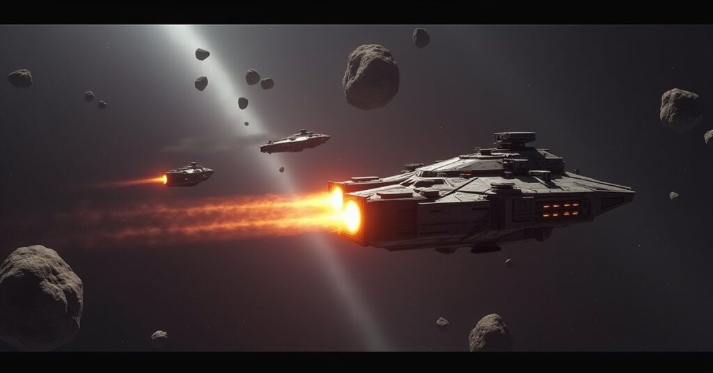 A starship fighting three small hostile ships near an asteroid belt in Star Trek Fleet Command