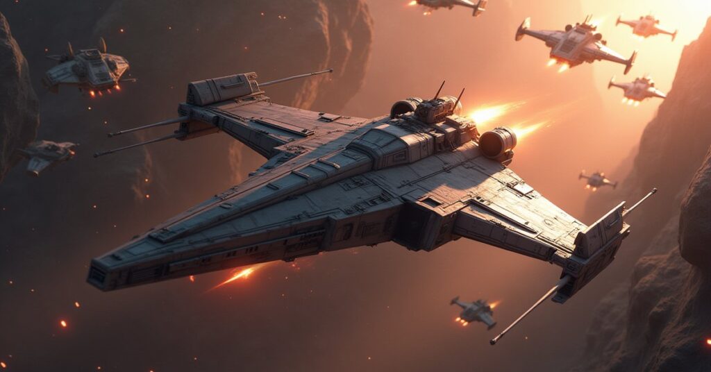 A starship fighting a swarm of hostile ships in an asteroid field in Star Trek Fleet Command