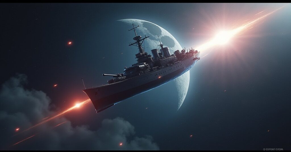 A cruiser facing a hostile captain's warship above a shattered moon in Star Trek Fleet Command