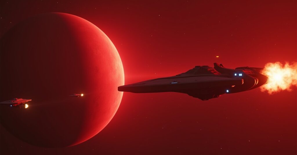 A starship fighting three hostile ships in a training exercise near a red star in Star Trek Fleet Command