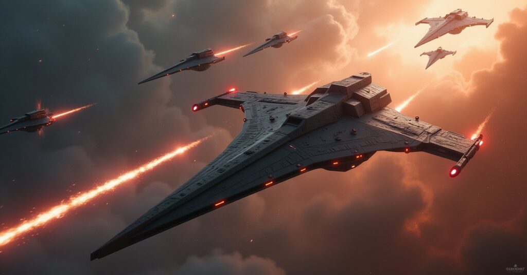 A warship hunting a pack of hostile ships through a stormy nebula in Star Trek Fleet Command