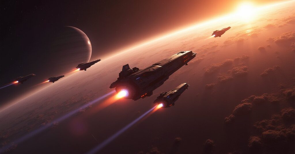A starship battling three hostile cruisers above a ringed gas giant in Star Trek Fleet Command