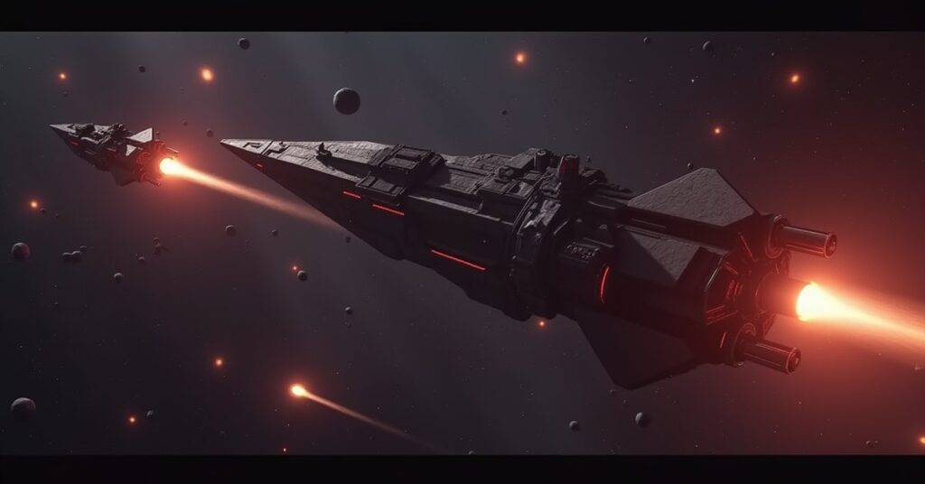 A starship dueling a heavily armed flagship among glowing asteroids in Star Trek Fleet Command