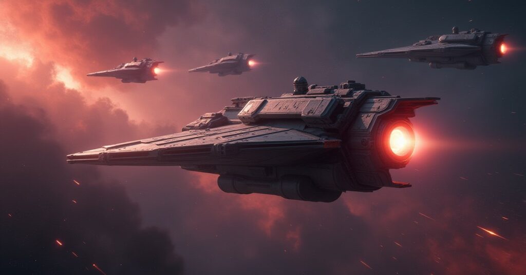 A powerful starship engaging three hostile warships over a nebula in Star Trek Fleet Command