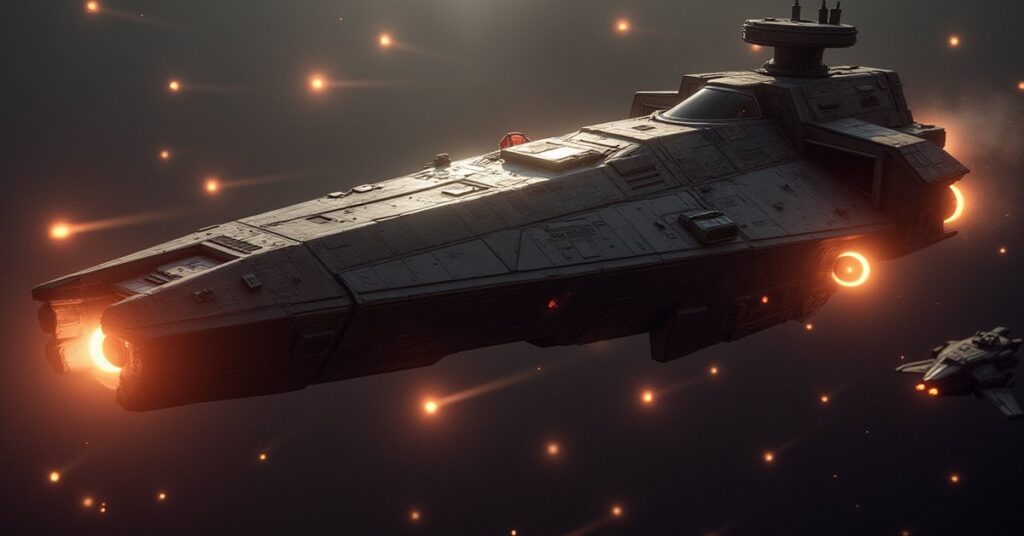 A starship fighting a group of hostile ships in a combat training range in Star Trek Fleet Command