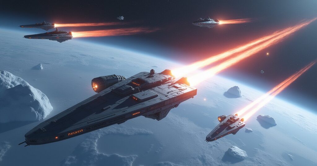 A starship fighting three hostile ships over an icy planet in Star Trek Fleet Command