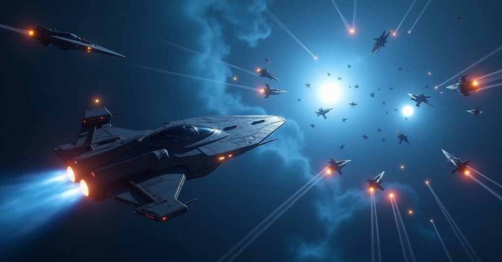 A combat ship fighting hostile fighters in a blue nebula in Star Trek Fleet Command