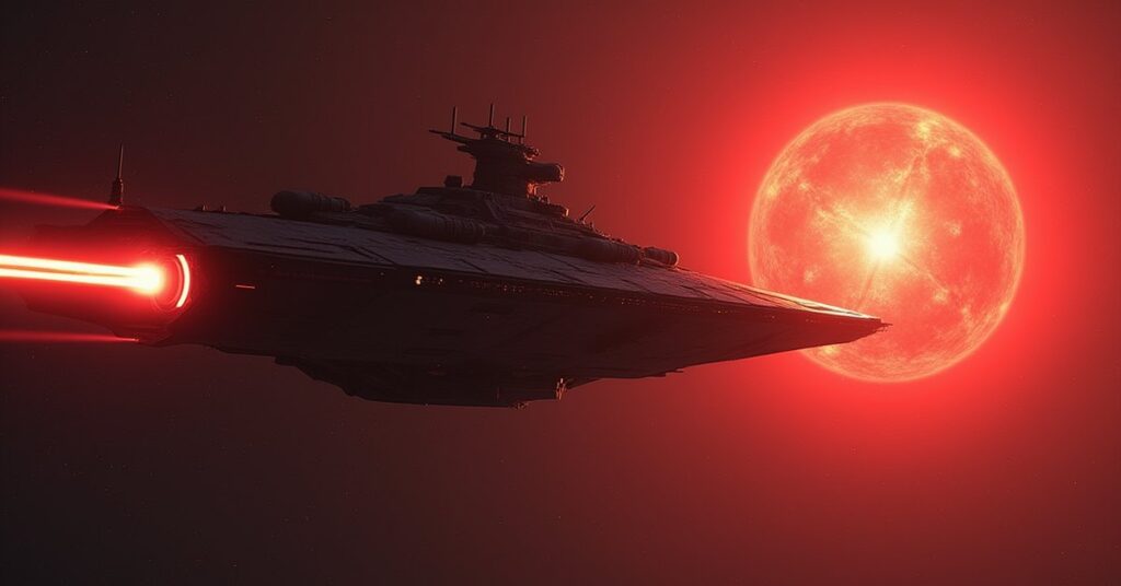 A starship facing a huge hostile dreadnought near a red star in Star Trek Fleet Command