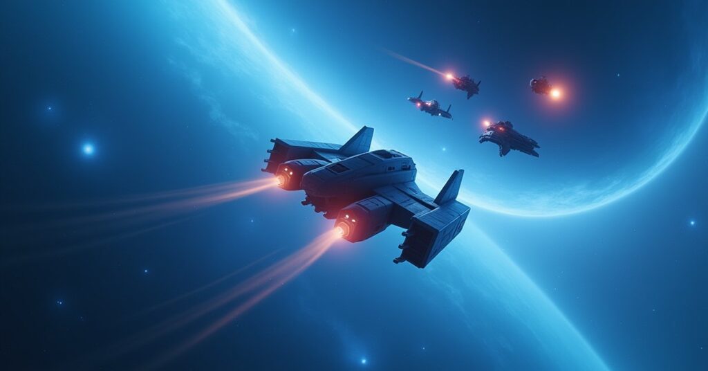 A small starter starship battling three pirate ships in a blue nebula in Star Trek Fleet Command