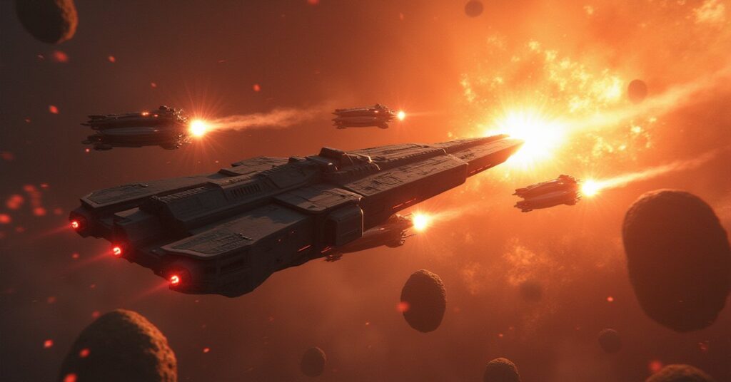 A heavy starship engaging three hostile warships among asteroid debris in Star Trek Fleet Command