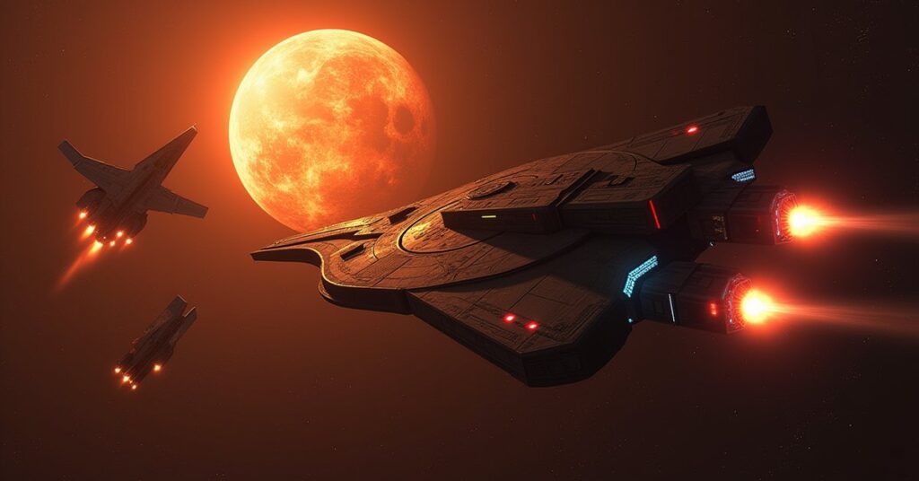 A battleship fighting three hostile warships near a burning moon in Star Trek Fleet Command