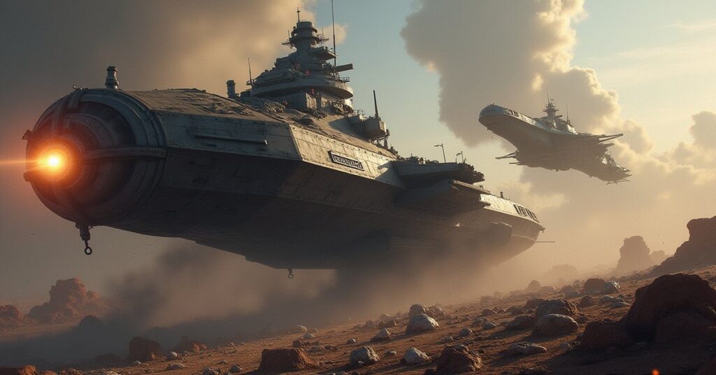 A battle-worn starship facing a heavily armed hostile flagship in Star Trek Fleet Command