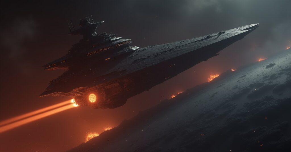 A hostile flagship bearing down on a lone cruiser above a burning planet in Star Trek Fleet Command