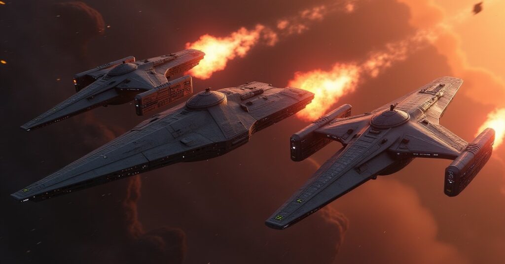 A lone starship engaging three hostile ships on a training range in Star Trek Fleet Command