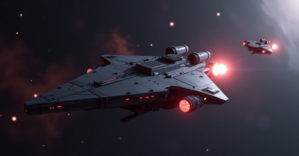 A starship firing at a small hostile ship near a starbase in Star Trek Fleet Command