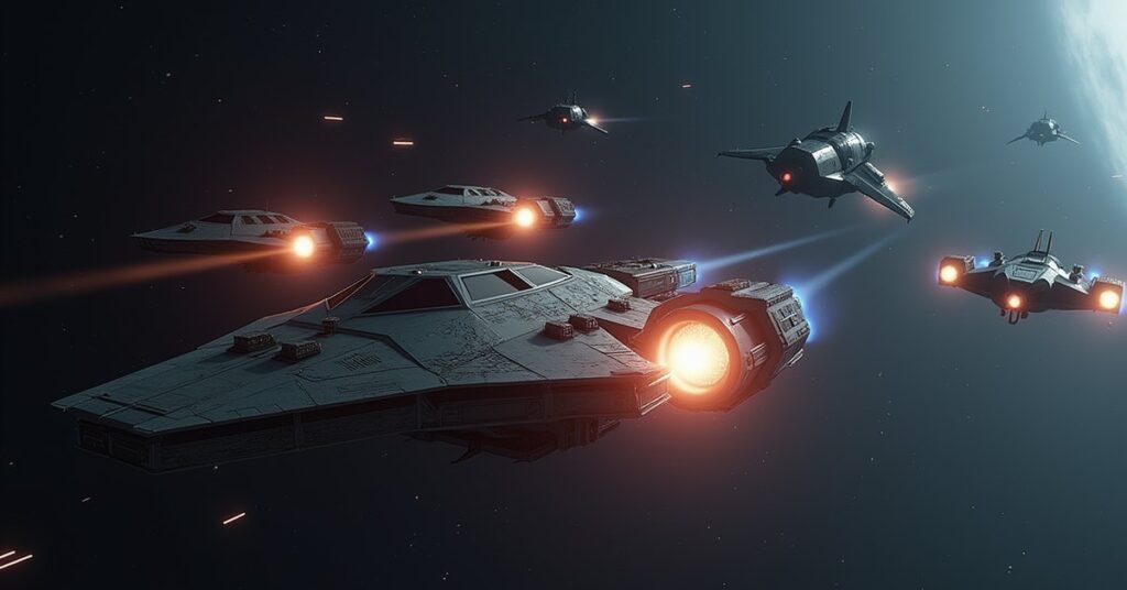 A starter starship firing on small hostile ships near a station in Star Trek Fleet Command