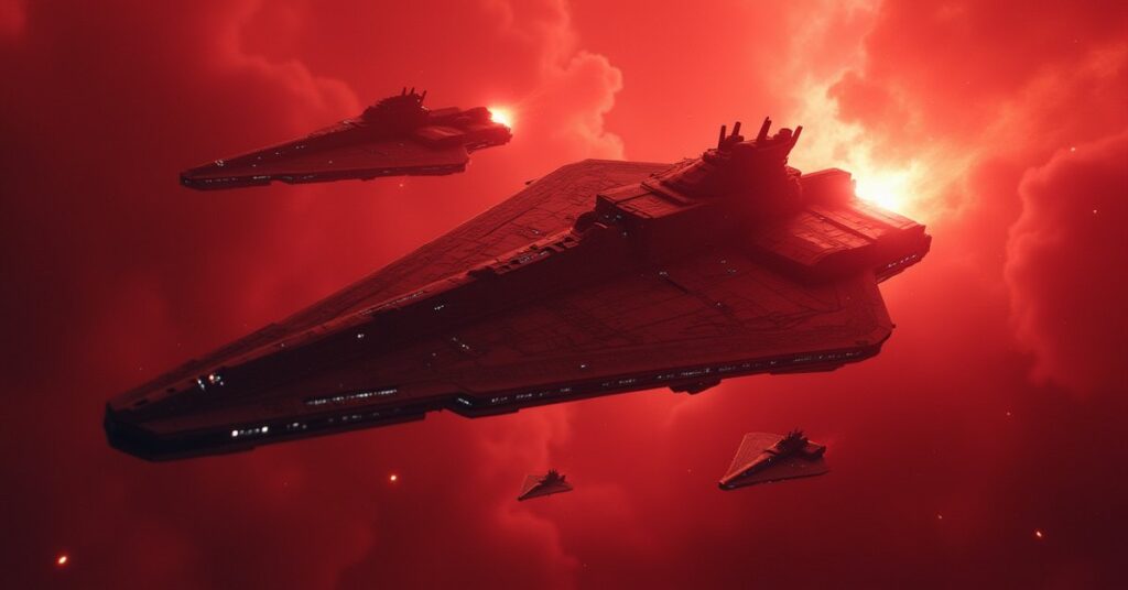 A powerful battleship fighting hostile warships in a crimson nebula in Star Trek Fleet Command