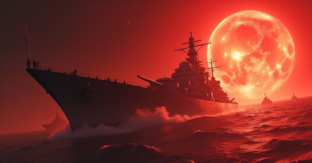 An endgame battleship fighting three heavy warships near a red giant star in Star Trek Fleet Command