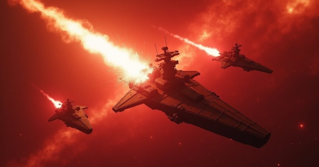 A late-game warship firing on three hostile ships in a crimson nebula in Star Trek Fleet Command