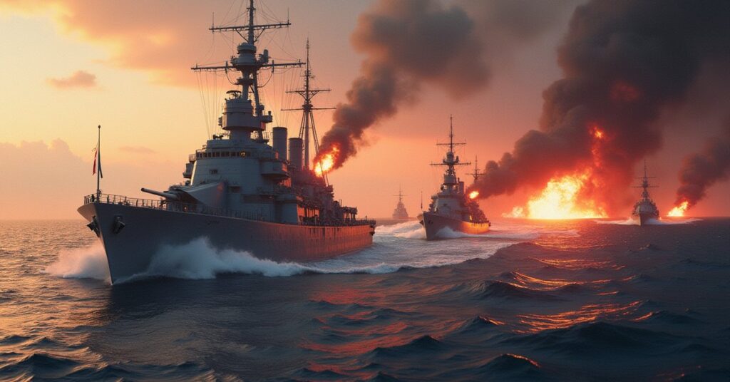 A massive battleship firing on hostile warships near a burning star in Star Trek Fleet Command