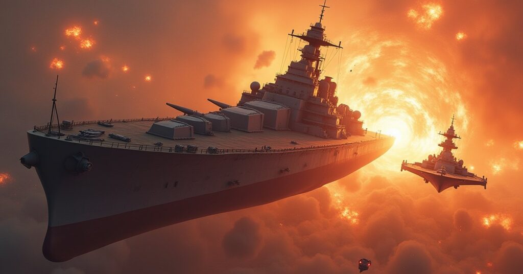 A massive battleship facing a hostile flagship amid debris and energy fields in Star Trek Fleet Command