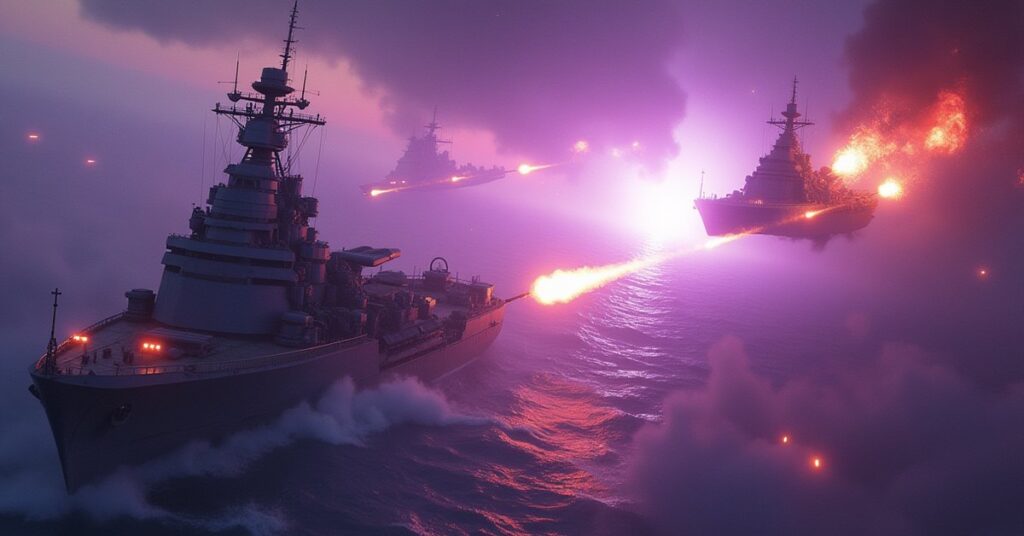 A battleship firing torpedoes at hostile warships in a nebula in Star Trek Fleet Command
